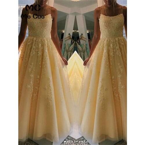 Yellow Puffy Lace Evening Dresses Appliques Spaghetti Straps Lace Up Back Womens Evening Dress Tulle Prom Dress Custom Made