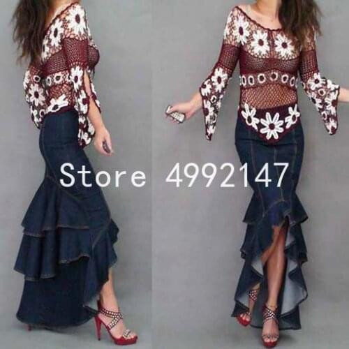 Europe 2020 Women Fashion Layers Ruffles Irregular Denim Skirt Mermaid Bodycon Long Women Jeans Skirt Fishtail Maxi Skirt Y700