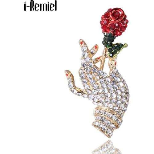 Hold Flower on Hand Brooches Pins New Creative Art Design Rose Crystal Rhinestone Jewelry Simple Lapel Pin Women Men Accessories