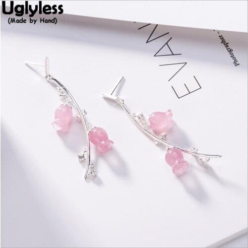 Uglyless Sweet Soft Pink Crystals Earrings for Women Handmade Lily of the valley Flower Fine Jewelry 100% Real Solid 925 Silver
