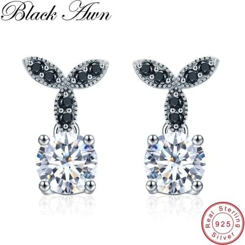 [BLACK AWN] 925 Sterling Silver Fine Jewelry Trendy Black Spinel Engagement Earrings for Women Wedding Stud Earring T035