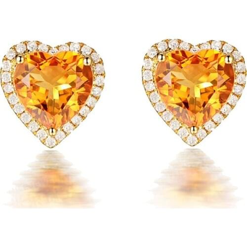 3 Carats Citrine gemstones yellow crystal stud earrings for women femme zircon diamond 18k gold color luxury jewelry gift heart