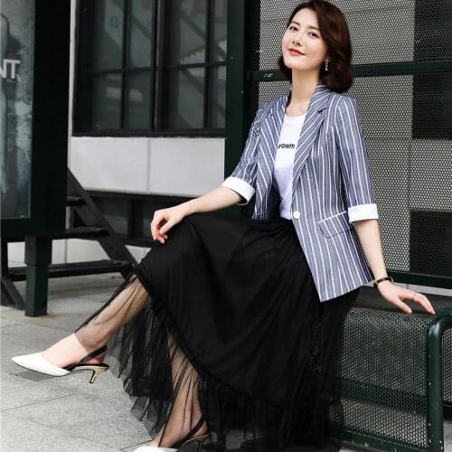 Fashion Blue Striped Blazers Women Business Suits Ladies Skirt and Jackets Sets Work Wear Half Sleeve Office Uniform Styles