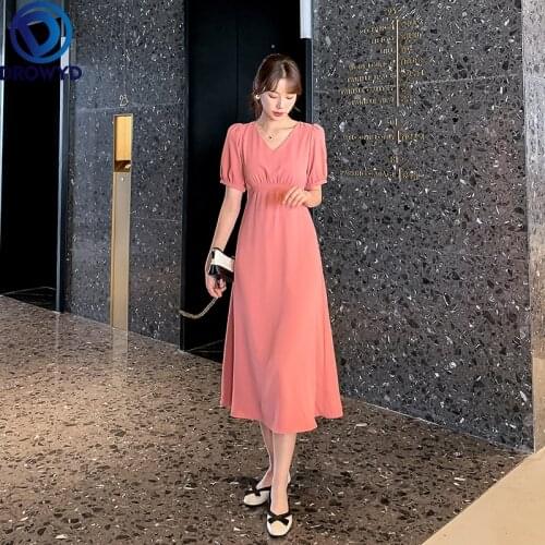 French Style Tender Elegant Girls Pink Dress Korea Design Slim Waist Office Lady Work Dress Women Summer Casual Midi Chic Dress