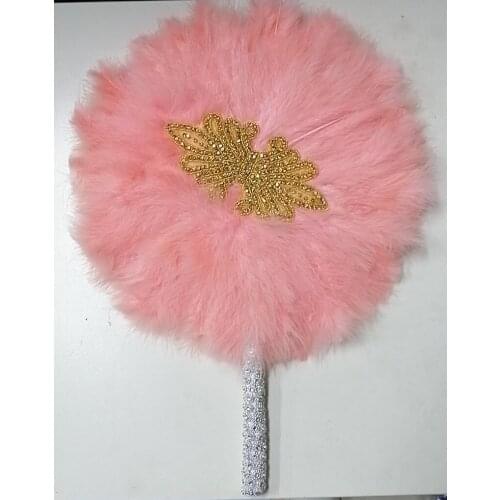 1Pc African Turkey Peach Feather Hand Fan Handmade Fan for Party&Wedding Decoration Hand Fan with Stones Double-side Feather Fan