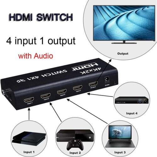 4kx2k 4x1 HDMI Switch 3D W/ Toslink Coaxial AUX Audio Switcher 4 In 1 Out 4K 1080P for PS3 PS4 DVD Laptop PC To TV HDTV Monitor