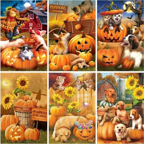Huacan Diamond Embroidery Complete Kit Dog Pumpkin Diamond Mosaic Painting New Animals Rhinestone Pictures Halloween Decoration