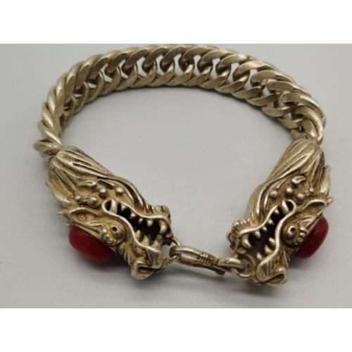 China White copper inlay imitation gem double dragon head Bracelet