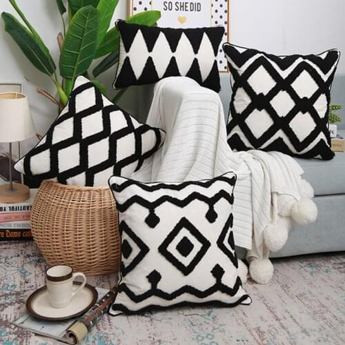 Black and White Geometric Pillowcase Moroccan Pillow Cover Manual Embroidery Cushion Cover Indian Style Home Bedroom Decoration
