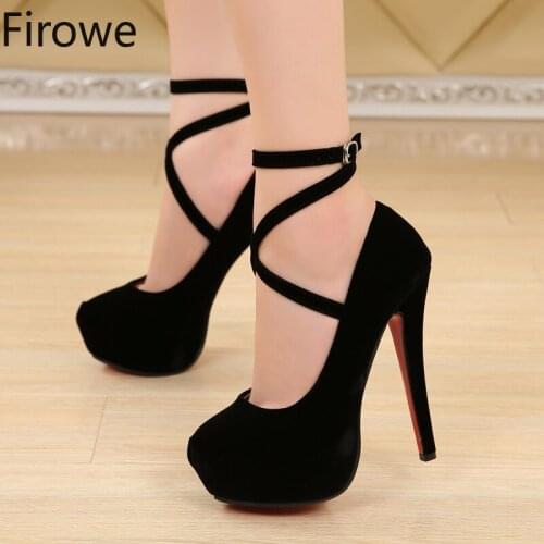 Firowe Women Velvet Platfomr Shoes Fashion Sexy High Heel Stiletto Flock Buckle Strap Pump plus size women shoes 44 45 46 14CM