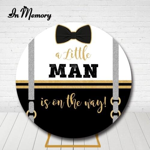 InMemory A Little Man Is On The Way Round Backdrop Cover White Black Bow Tie Boys Baby Shower Circle Photography Background