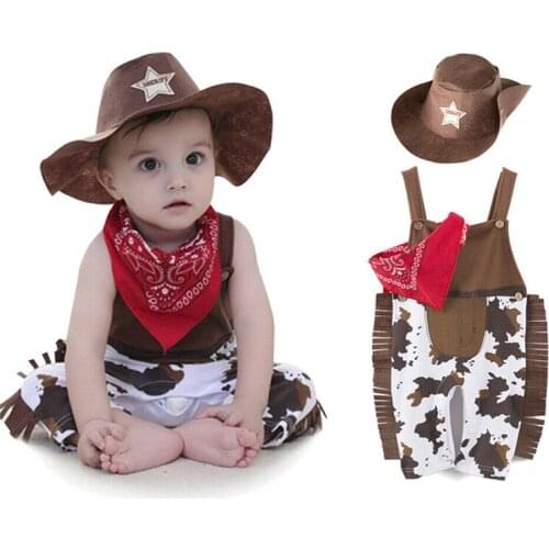 PUDCOCO Stylish Baby Toddler Boys Carnival Clothes Set Fancy Dress Party Costume Western Cowboy Bodysuit Scarf Hat Outfits Suit