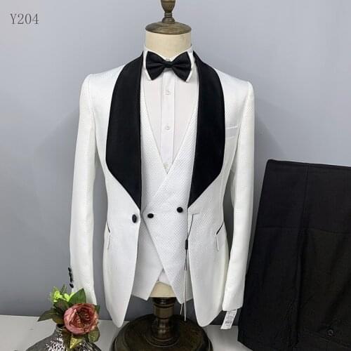 Classic white wedding suits men bridegroom 3 piece black Lapel pants busines party Blazer Jacket unique material design man suit