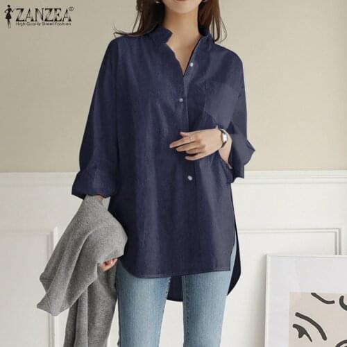 2021 ZANZEA Womens Blouse Autumn Denim Blue Shirts Fashion Long Sleeve Mujer Camisetas Basic Tops Female Lapel Blusa