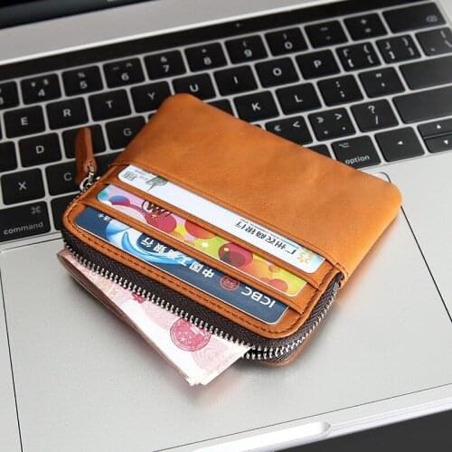 100% Genuine Leather Wallet For Men Women Vintage Cowhide Short Small Zipper Slim Wallets Coin Purse With Card Holder Pocket