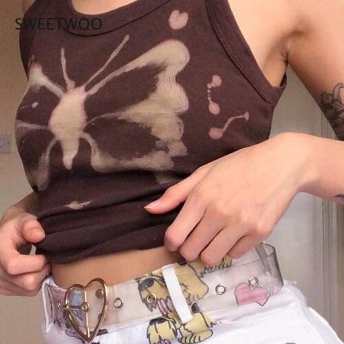 Butterfly Print Brown Crop Top Independent Streetwear O-Neck Sleeveless Vest 90s Fashion Summer Vest T-Shirt Women