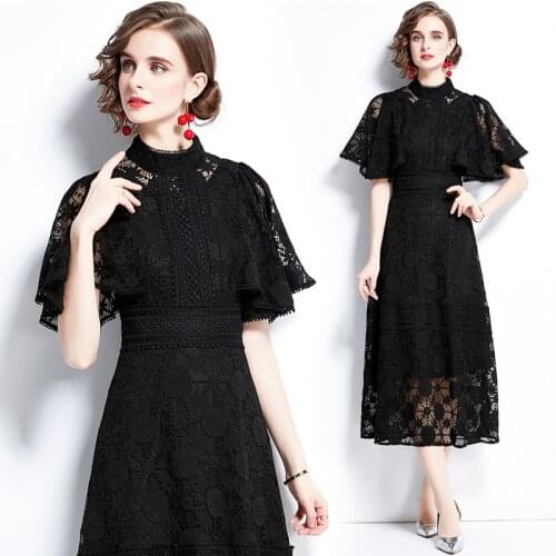 Summer New Womens Black Puff Sleeve Temperament Waist Slim-Fit A- line Short-Sleeve Hollow-out Lace Dress