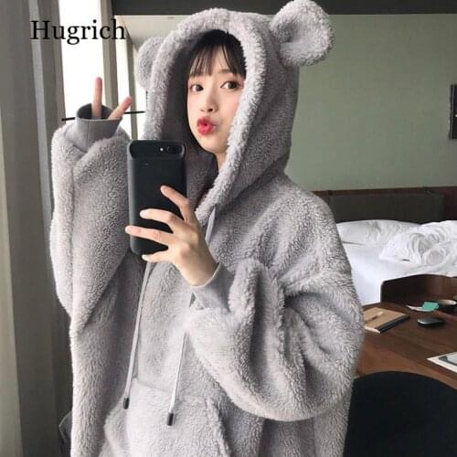 Kawaii Women Hoodies Pullover Girl Winter Loose Fluffy Bear Ear Hoodie Hooded Jacket Warm Outerwear Coat cute sweatshirt Girls