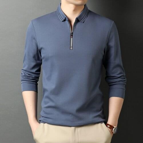 Cotton mens round neck zipper polo, solid color long sleeve shirt, high quality business polo, 100%, blue and black, 2020