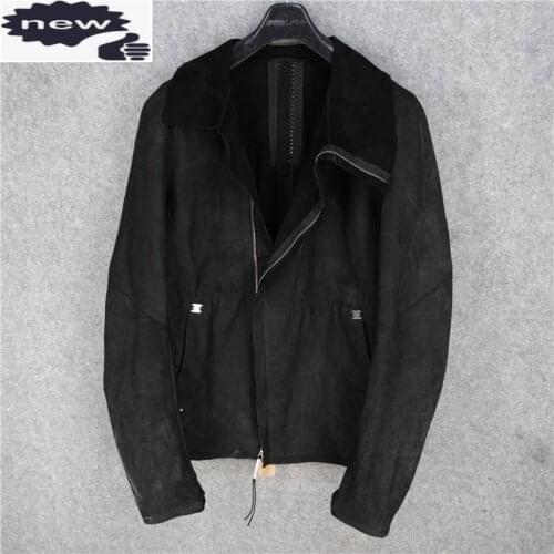 Runway Luxury Mens Vintage Washed Sheepskin Genuine Leather Jacket Gothic Dark Outwear Coat Handmade Sewing Punk Male Jackets