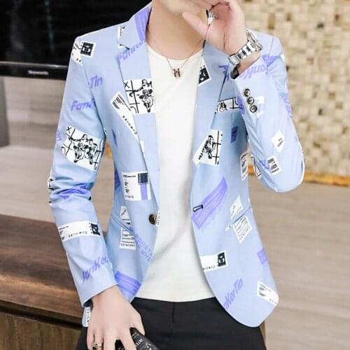 Mens Mixed Color Letters Pattern Printed Blazers Jacket Slim Fit One Button Casual Leisure Outwear C1