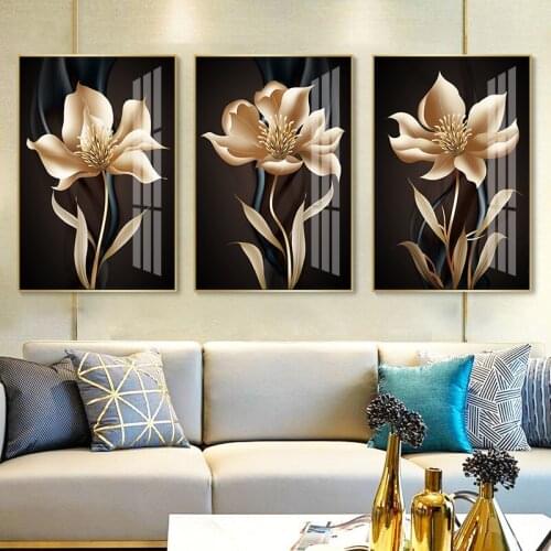 Abstract Black Golden Flower Wall Art Canvas Painting Nordic Posters and Prints Wall Pictures for Living Room Modern Home Decor