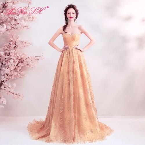 AnXin SH luxury princess golden lace strapless beading crystal strapless illusion turkey beading crystal evening dress 2228