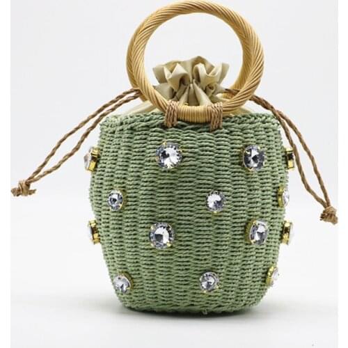 Handmade Rhinestone Crystal Embellished Top-handle Bag 2020 New Small Straw Rattan Bucket Bags Lady Travel Purses And Handbags