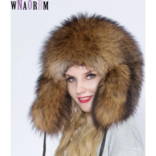Russian pilot winter hat overlord hat full raccoon fur men and women hat 100% natural outdoor hat super warm