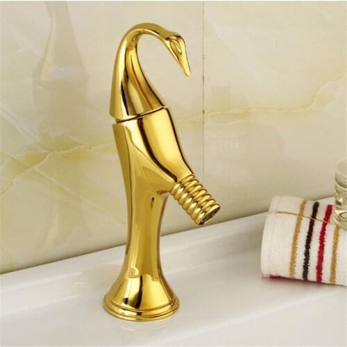 Bathroom Basin Faucet Gold Brass Sink Mixer Tap Hot & Cold Single Handle Deck Mounted Swan Head Unique design Basin Faucet
