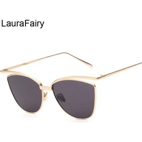 LauraFairy Gold Frame Cat Eye Sunglasses Women Brand Designer Eyebrow Mirror Transparent Lens Sun Glasses Female 9840