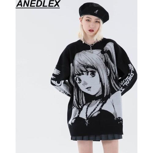 New Mens Hip Hop Streetwear Harajuku Sweater Vintage Retro Japanese Style Anime Girl Knitted Sweater 2021 Autumn Cotton Pullover