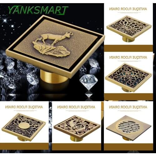 YANKSMART Antique Brass Household Flora Carved Flower Floor Drain Bathroom Shower Square Drain Strainer waste