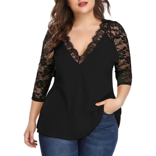 Women Fashion Plus Size Chiffon Blouse Fashion V-neck Blouse Lace Patchwork 3/4 Sleeve Tops Blouse Лонгслив Женский #PY