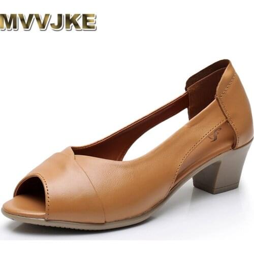 MVVJKE Summer Classic Elegant Genuine Leather Women Sandals Mid Heel Sexy Peep Toe Square Heel Ladies Casual Sandals Lady