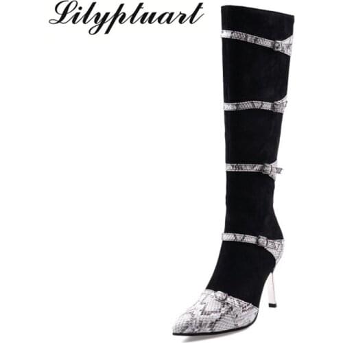 2019 European and American style wind pointed fine with color side zipper high boots female snake pattern sexy womens boots