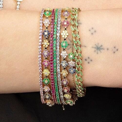 2021 Gold Silver Color Flower Charm Colourful Cz Fashion Jewelry For Women Lucky Rainbow Multi Color CZ Trendy Bangle Bracelet