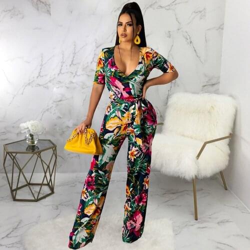 Flower Print Elegant Rompers Womens Jumpsuit New Arrive Deep V Neck Short Sleeve Wide Leg Overall Summer Holiday Beach Outfits