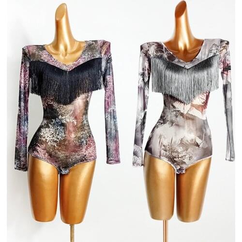 Latin Practice Clothes WomenS Long-Sleeved Mesh See-Through Jumpsuit Fringe Top Ballroom Latin Dance Competition Dress DN7326