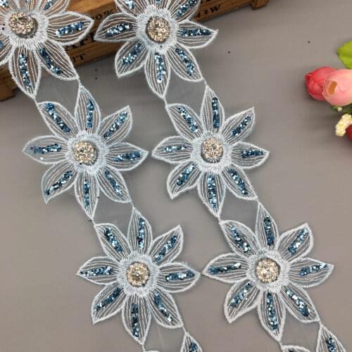 1 yard 6.8cm Blue 3D Flower Gold Glitter Rhinestones Embroidered Lace Trim Applique Ribbon Fabric Sewing Craft Wedding Dress