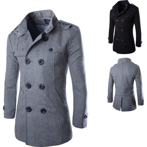 2017 Mens Double Breasted Trench Coat Slim Fit Mens Winter Wool Oversized M-4XL Mens Fashion Pea Coats Black Down parkas T196