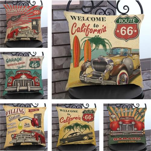 American Retro Vintage Car Classic Jalopy Pattern Pillow Cases Welcome To California Home Station Sofa Decoration Cushion Cover