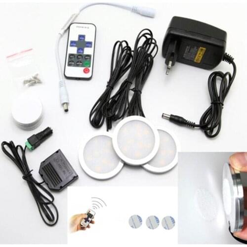 Free Shipping LED Under Cabinet Lights Down Light Puck Spotlight Dimmable+11 Key Remote+Adapter for Kitchen Wardrobe Lighting