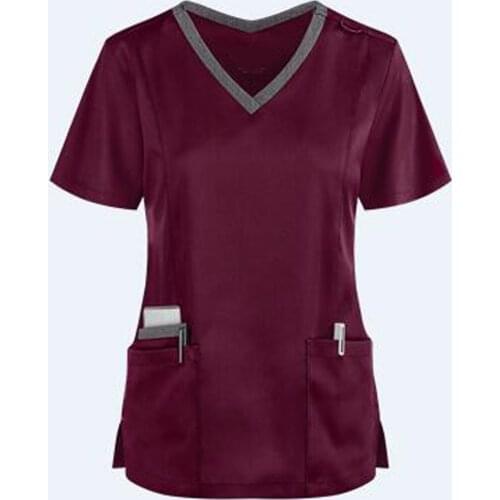 Blouses Working Clothing Top New Summer Womens Work Uniform Female V Neck Short Sleeve Shirts Pocket Care Workers Tops