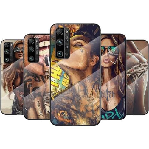 Tempered Glass Cover Sexy Sleeve Tattoo Girl For Huawei Honor 30 20 10 9X 8X Pro Plus Lite Shockproof Shell Phone Case