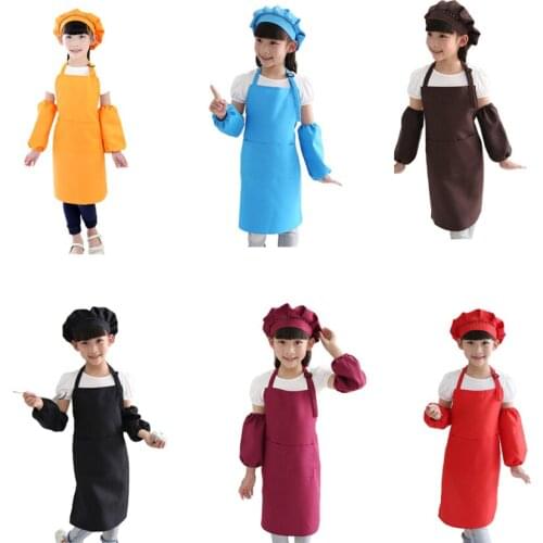 Kids Full Apron Bib Set with Pocket and Hat Sleeves Craft Kitchen Chef Cooking Art Children Diy Apparel