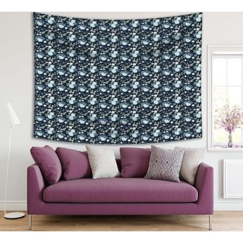 Tapestry Wildflowers Leaves Bouquet Summer Countryside Decorative Pattern Dark Blue and Beige Floral Print