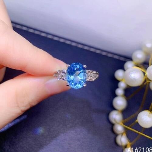 Fine Jewelry 925 Sterling Silver Inset With Natural Gem Womens Popular Exquisite Oval Blue Topaz Adjustable Ring Support Detect