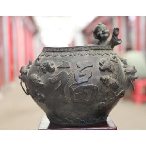 China Old Copper Bronze Fu Foo Dog Lion Incense Burner Jar Pot Censer BN9021