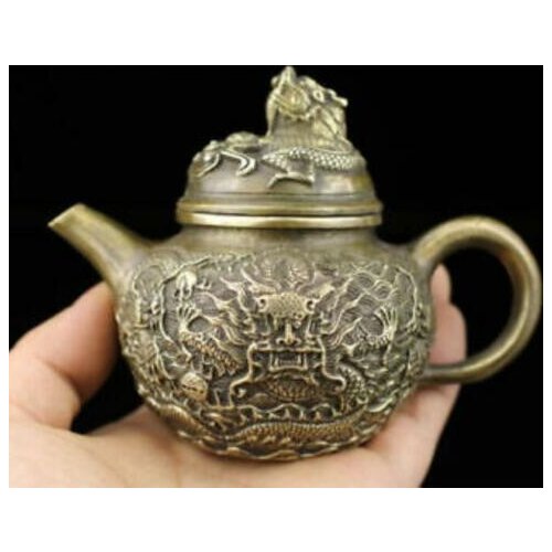 Chinese hand made Handle dragon teapot wine pot Flagon old brass statue